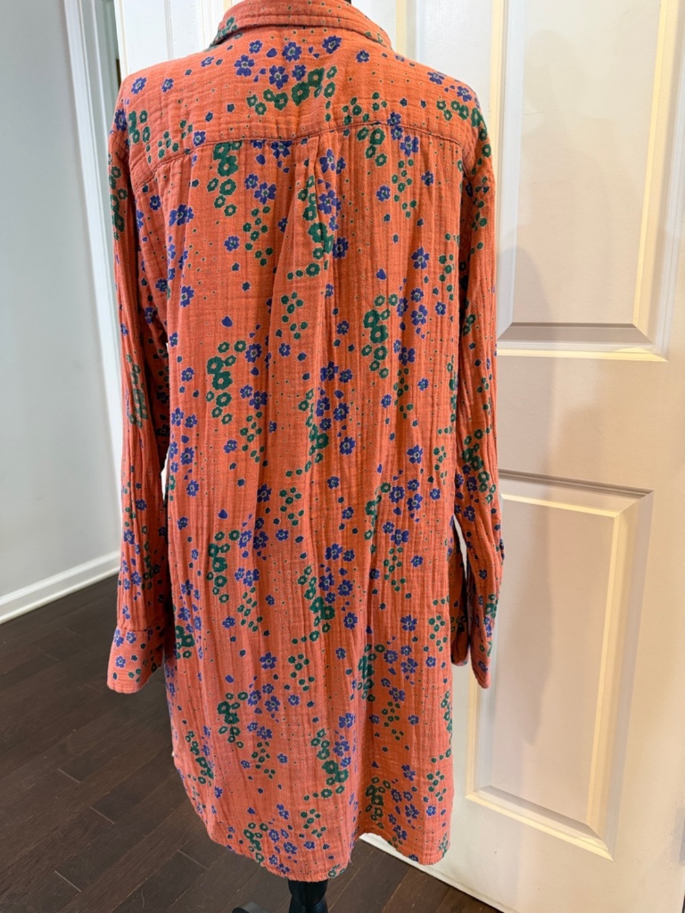 NATURAL LIFE Orange Floral Button-Up Shirt Dress with Blue Flowers - Picture 3 of 4